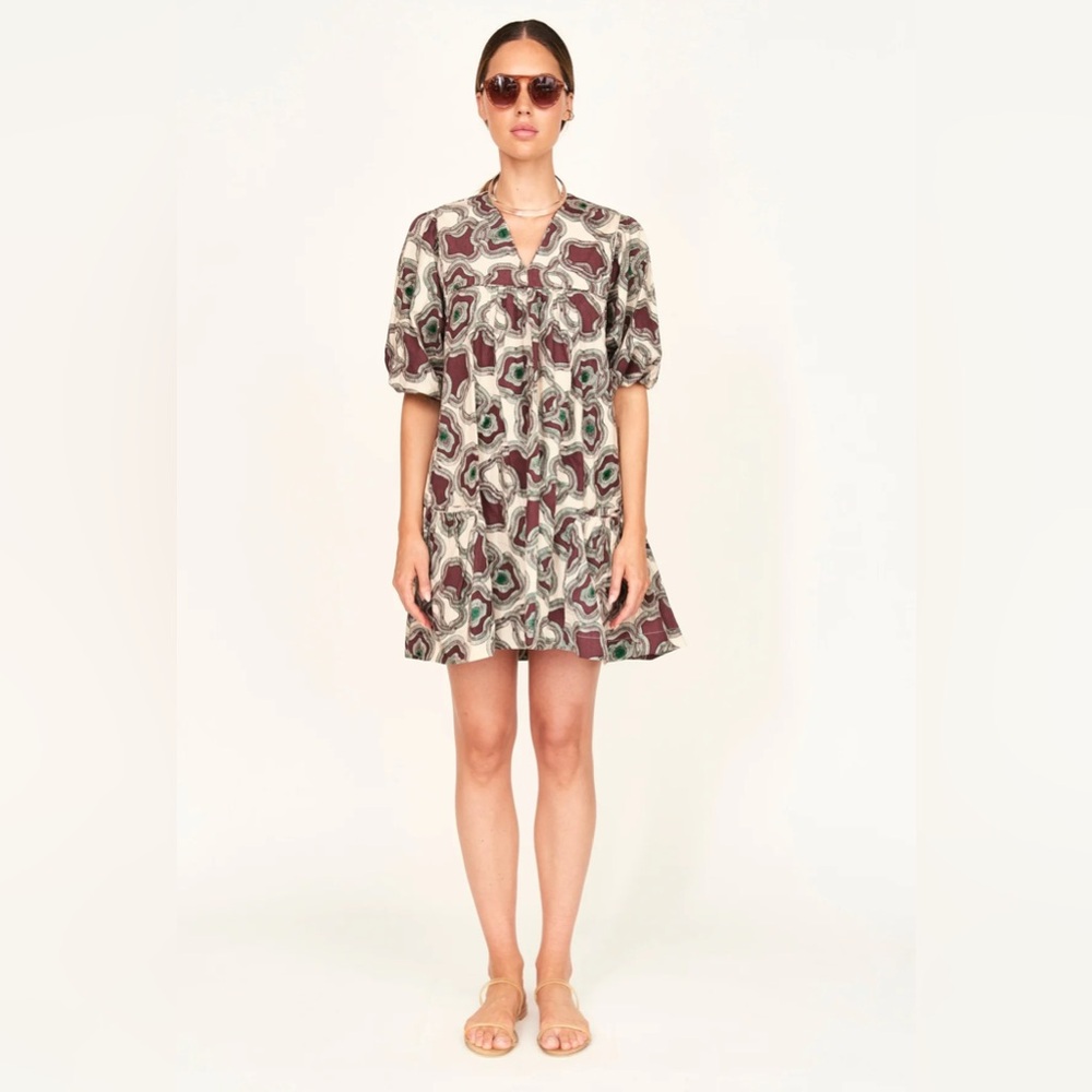 Printed Short Sleeve Mini Dress in Burgundy and Cream